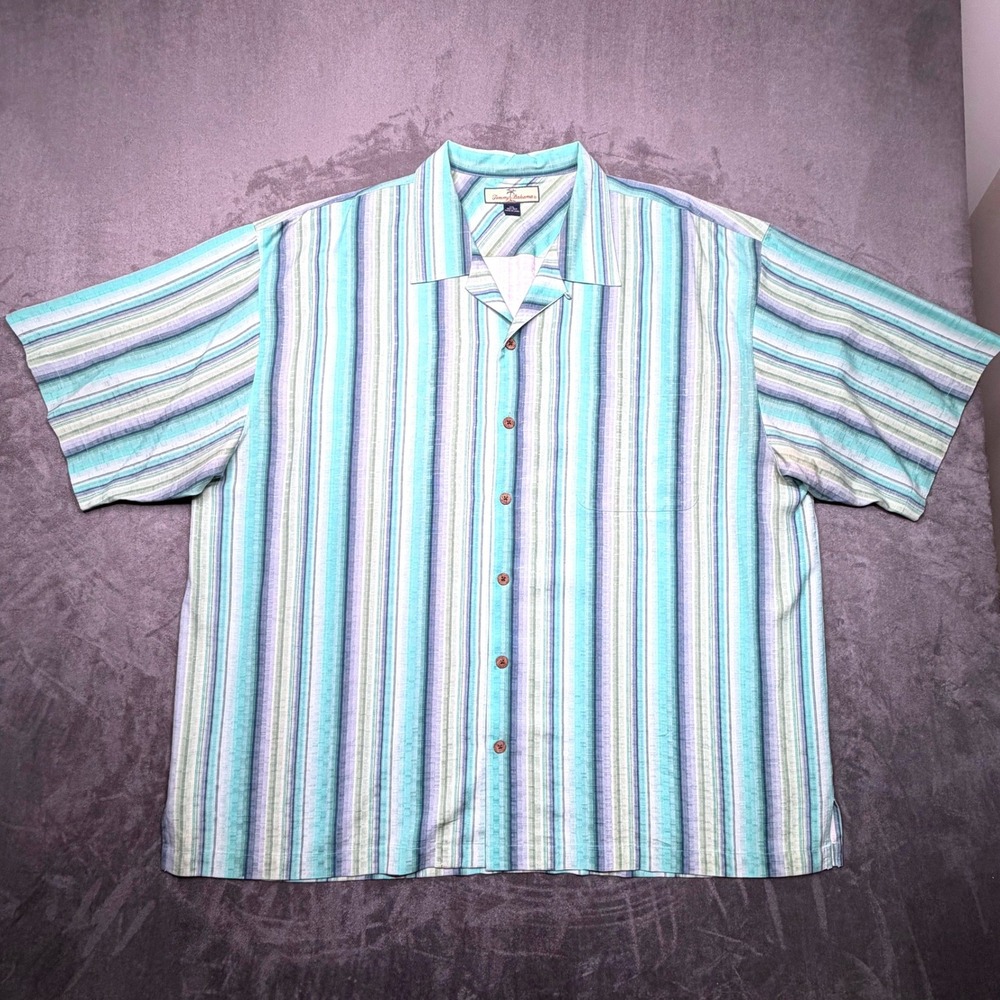 Tommy Bahama Mens XXL 100% Silk Vertical Stripe Camp Shirt Teal Green Blue